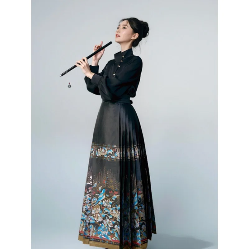 

Large size new Chinese embroidered shirt set, improved Hanfu black horse dress slightly fat daily two-piece set