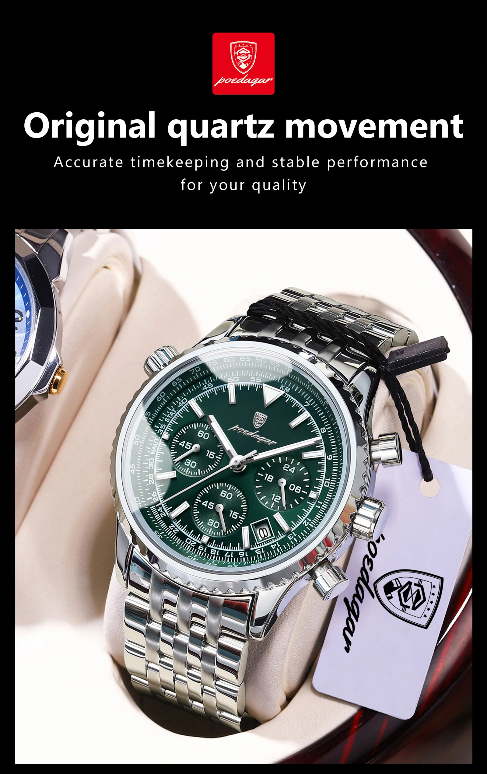 POEDAGAR Luxusuhren für Herren, Datum, Chronograph, Edelstahl, Sport-Herrenuhr, wasserdicht, leuchtender Quarz, Militär-Herrenuhr – Detail 9