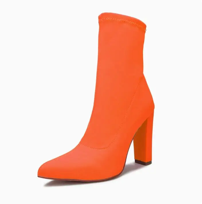 

Neon Green Purple Stretch Socks Boots 10cm Block High Heels Slip On Elastic Ankle Boots Woman Pointed Toe Fluorescent Boots