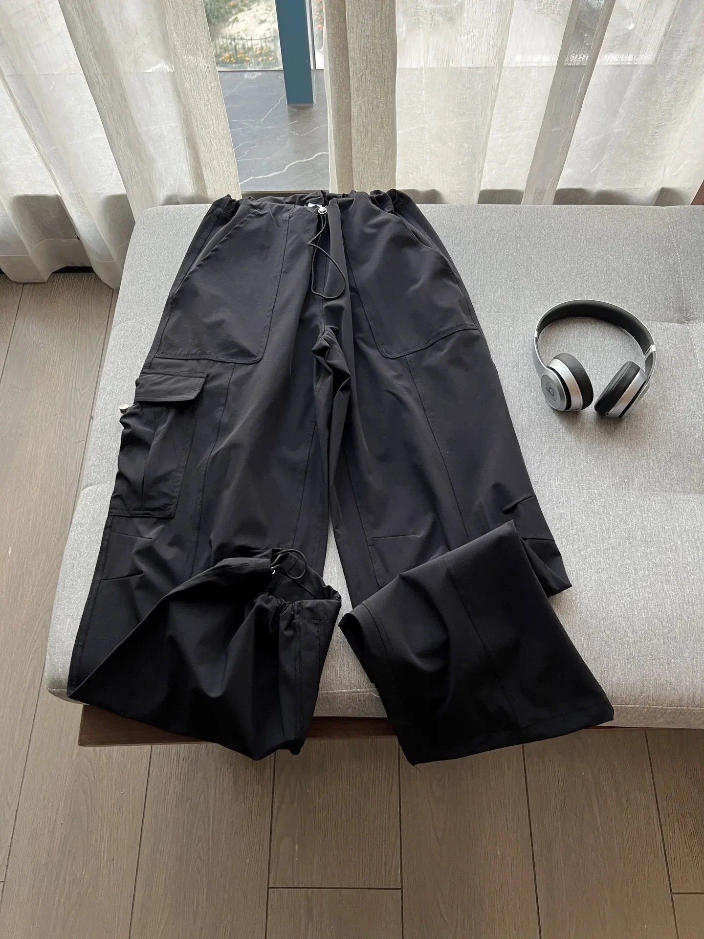 High-Waisted Cargo Pants Women Spring Sport Quick-Drying Drawstring Wide-Leg Pants Casual Loose Black Women's Straight Trousers
