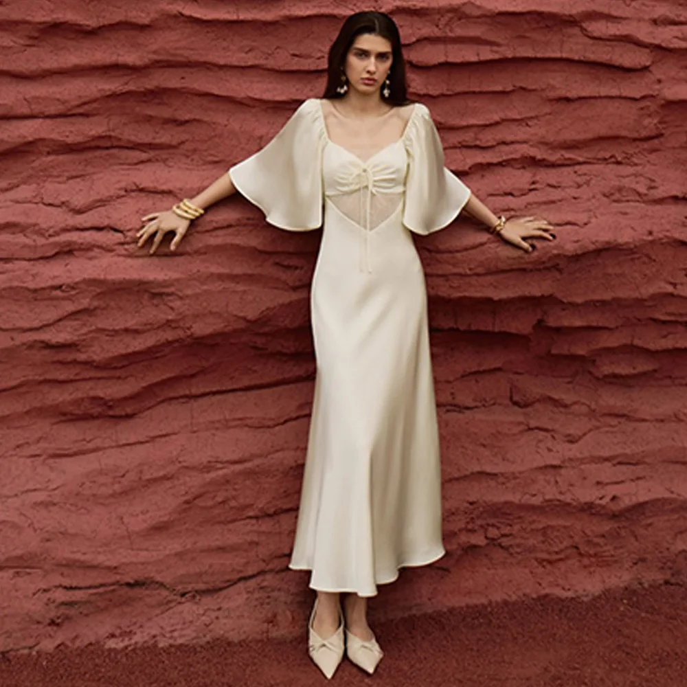 

Off the Shoulder Short Sleeves Evening Dress Customized Modern Satin Mermaid Celebrity Gowns Fashion Ankle Length Party Dress