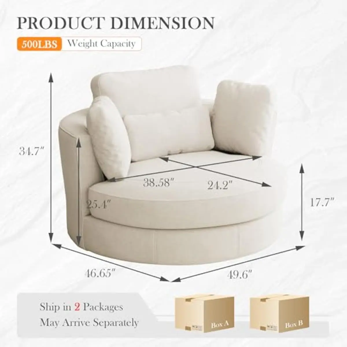 50 Inch Rotating Barrel Chair in Soft Chenille Fabric | Extra Deep Seat with Wide Contour Design | Includes 4 Supportive Pillows