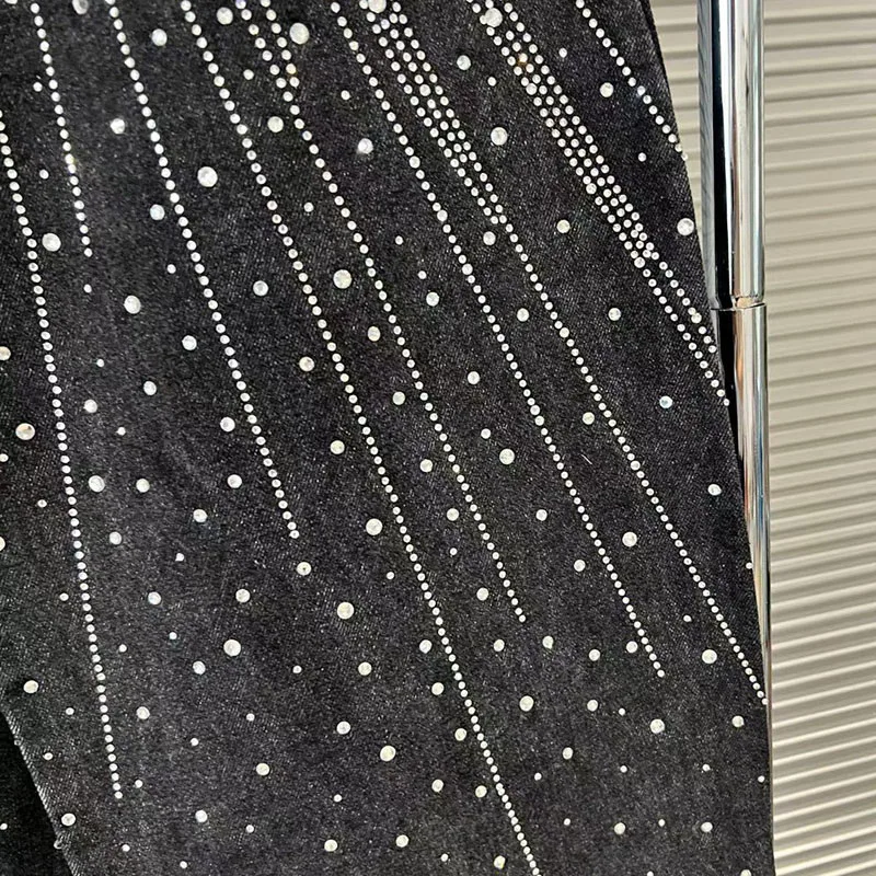 KBQ Slimming Spliced Diamonds Solid Denim Pants For Women High Waist Spring Straight Temperament Trousers Female Fashion Style