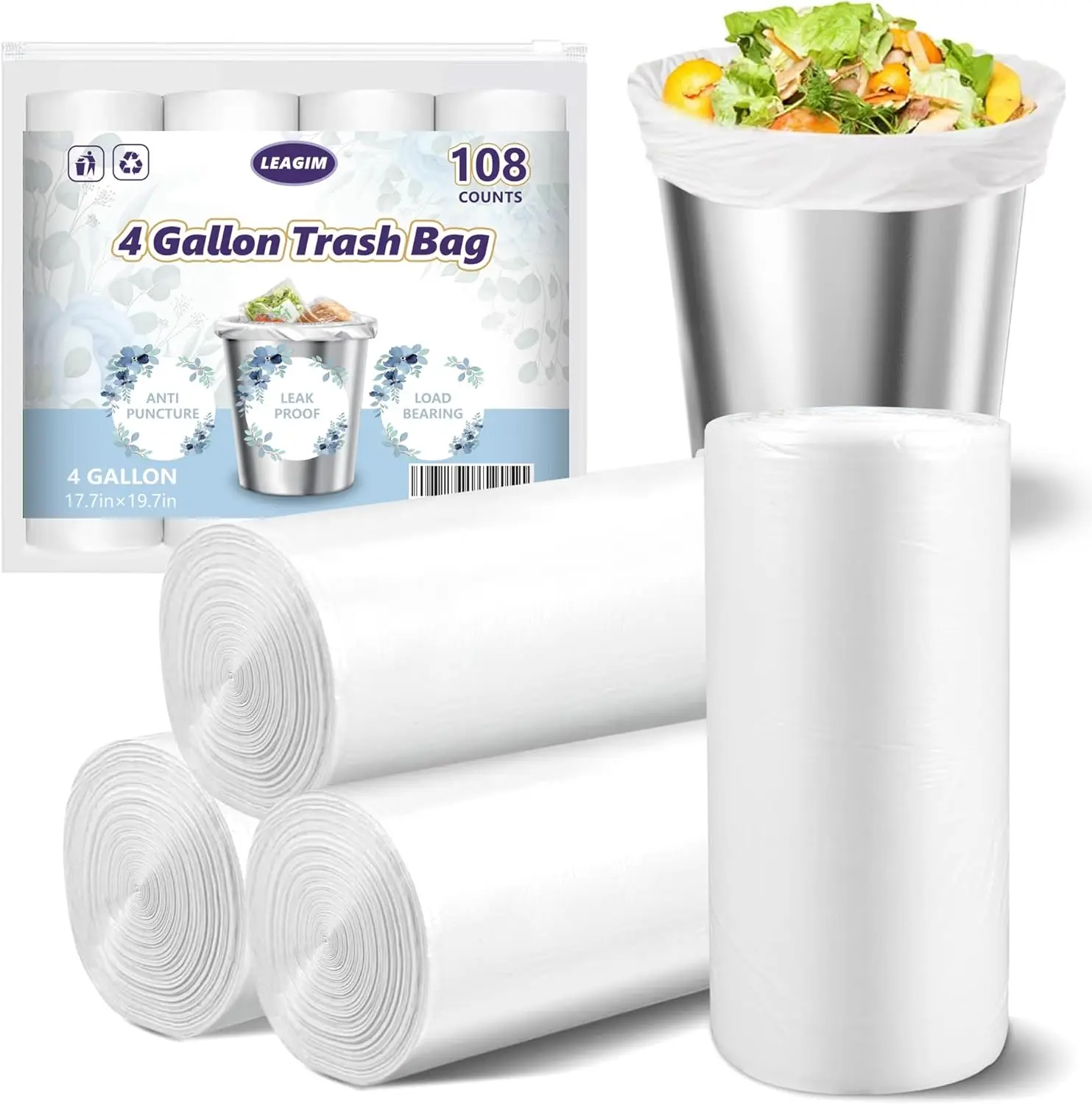 

4 Gallon Small Trash Bags, 108 Count Leak-Proof Unscented Liners for Office Bathroom Bedroom