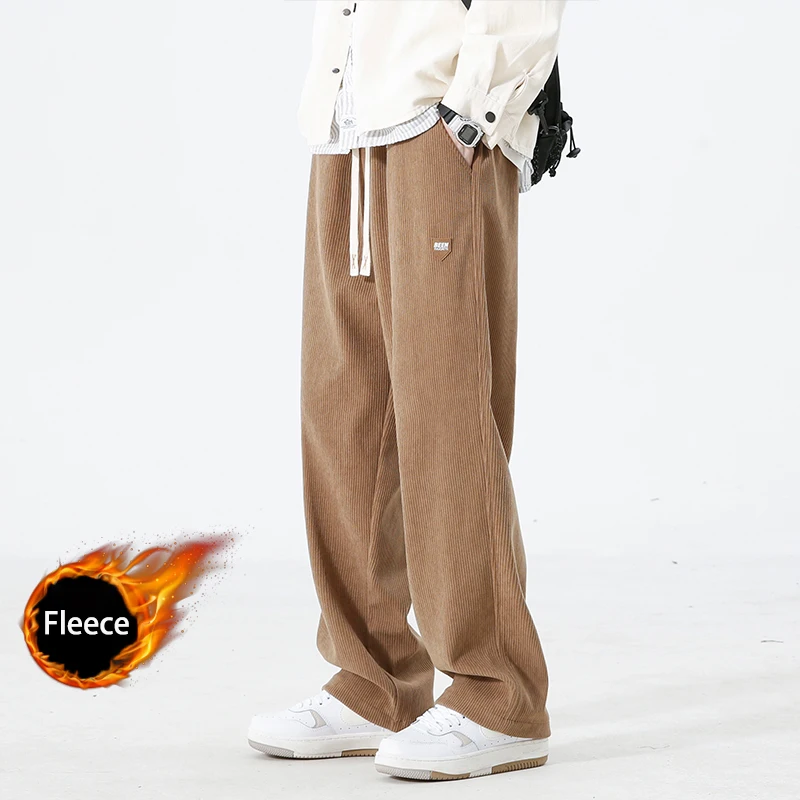 Men's Fleece Appliqué Trim Mop Pants Outdoor Wide-leg Hip-hop Slacks Winter Men's Loose-fitting Skin-friendly Stretch Pants