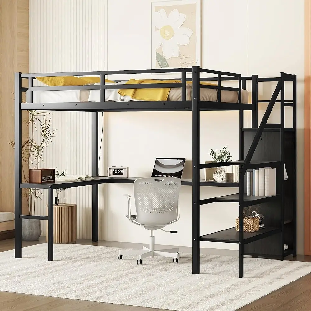 

Full Loft Bed With Staircase And L Desk, Wardrobe, Metal Full Loft Bed Frame For Adults, Kids, Teens, Black