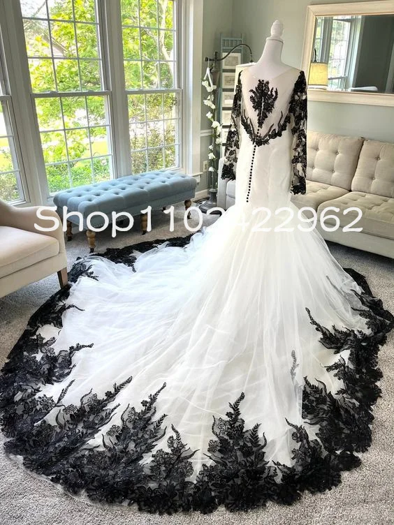 Vingage preto branco gótico sereia vestidos de casamento com manga longa renda applique medieval trompete vestidos de noiva personalizados