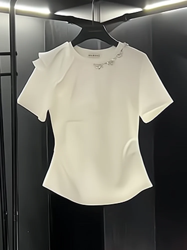 

Summer 2025 Women's ort Sve T-irt Heavy Embelliment 3D Beads Bright Diamo Waist Cinched Versatile White Trendy Top