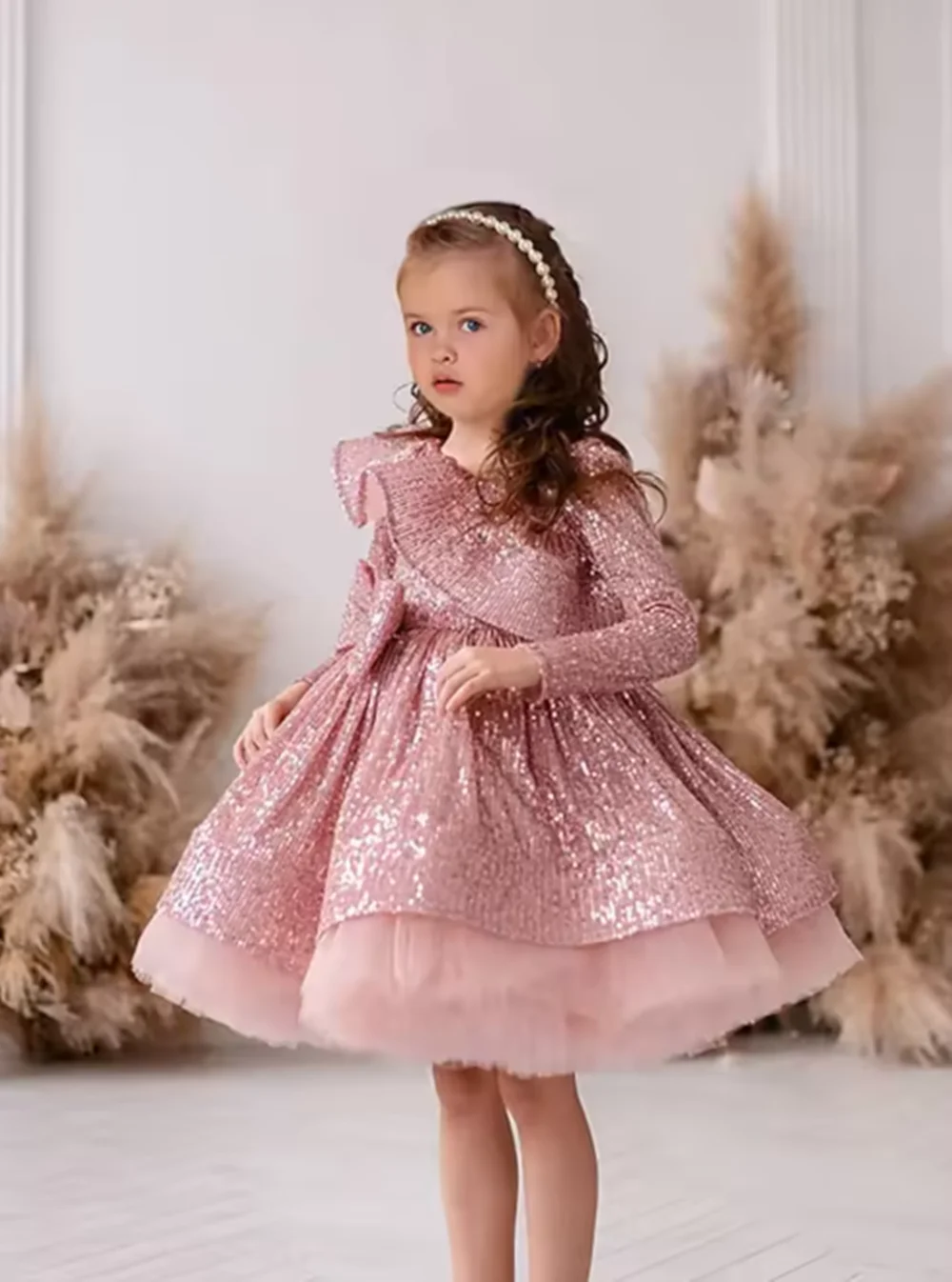 Customized Pink Sequins Tulle Long Sleeve With Bow Flower Girl Dress For Wedding Child's First Eucharistic Birthday Party Dress