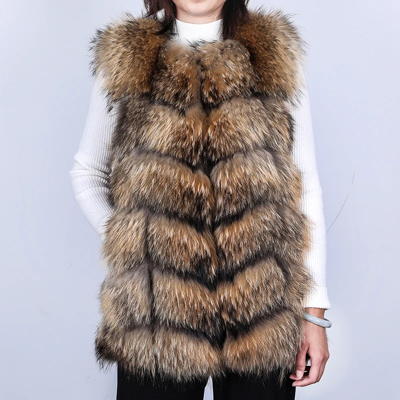 2023 Hot Sale Natural Raccoon Real Fur Coat Ladies Waistcoat Fur Mid-length Winter Warm Real Fur Coat Luxury Women coat Top Vest