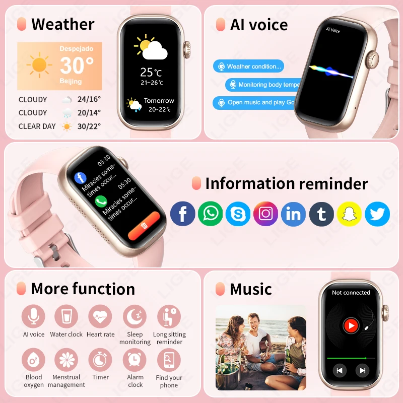 LIGE جديد الرجال النساء بلوتوث دعوة خفيفة الوزن Smartwatch IP68 مقاوم للماء معدل ضربات القلب الصحة الرياضة اللياقة البدنية الموسيقى ساعة ذكية 2026