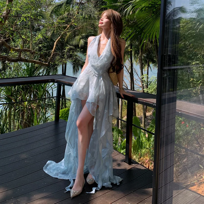 

2026 Summer Fashionable Vacation Style Open Back Waist Long Dress Irregular Blue Printed Swing Neck Hanging Neck Dress for Women