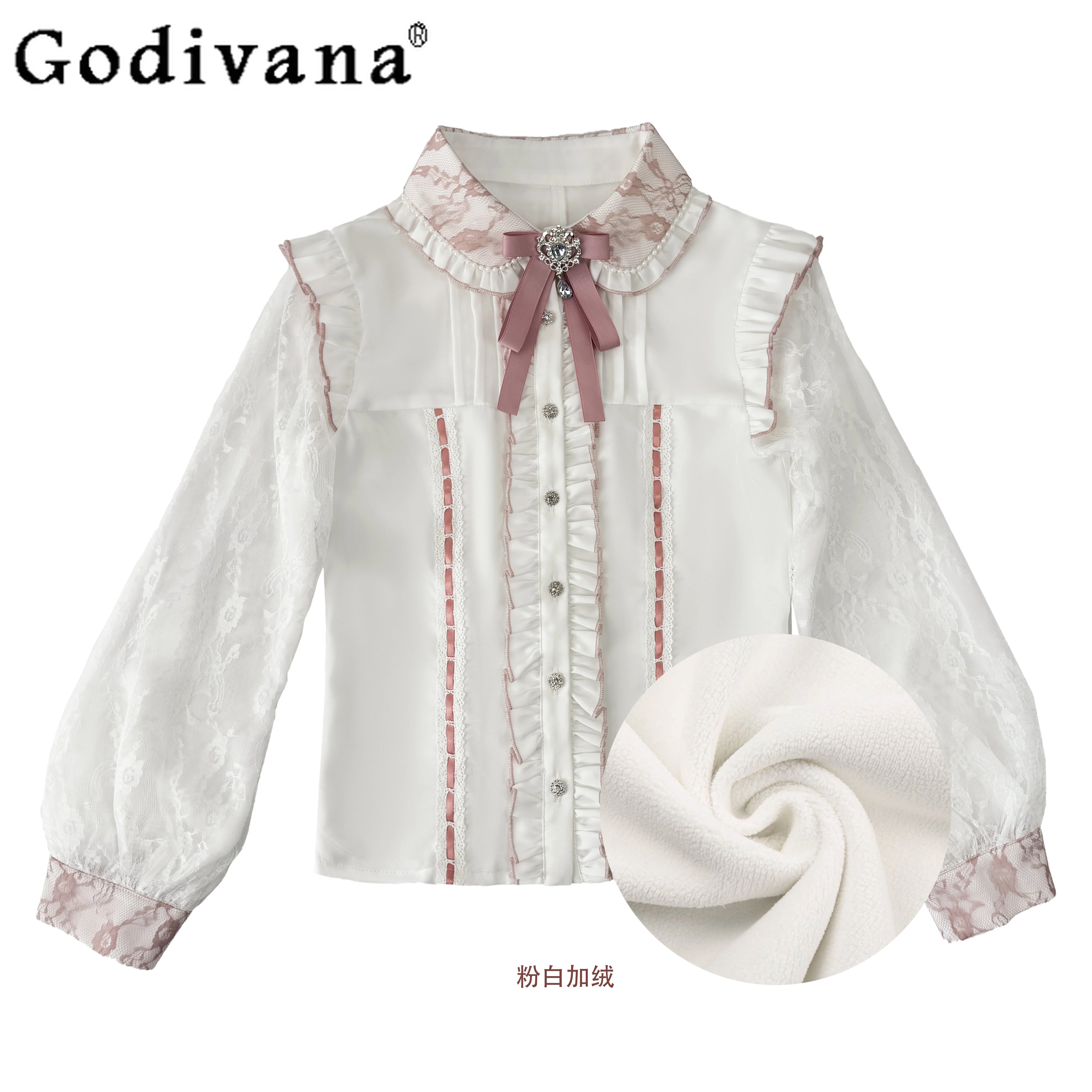 

Осень-зима, новая милая рубашка в стиле Лолиты с длинными рукавами для девочек, японская рубашка массового производства с милым бантом, кружевная флисовая рубашка, топ