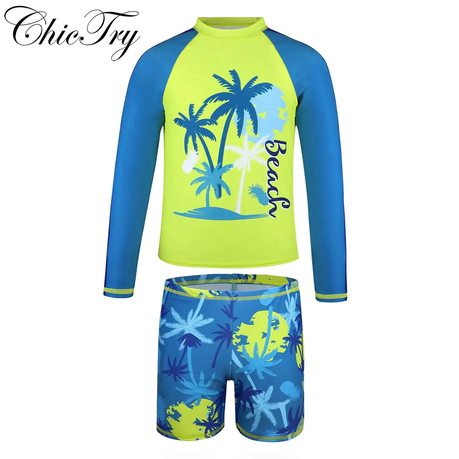 

Boys Swim Sets Rash Guard Swimsuit Set Long Sleeves Swim Tops and Trunks Set Tropical Print Swimwear Summer Beach Bathing Suit