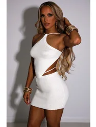Articat Sexy Knitted Women Two Piece Set Hanging Collar Backless Vest CropTop Slim Fit Mini Skirt Set Charming Beach Party Suit