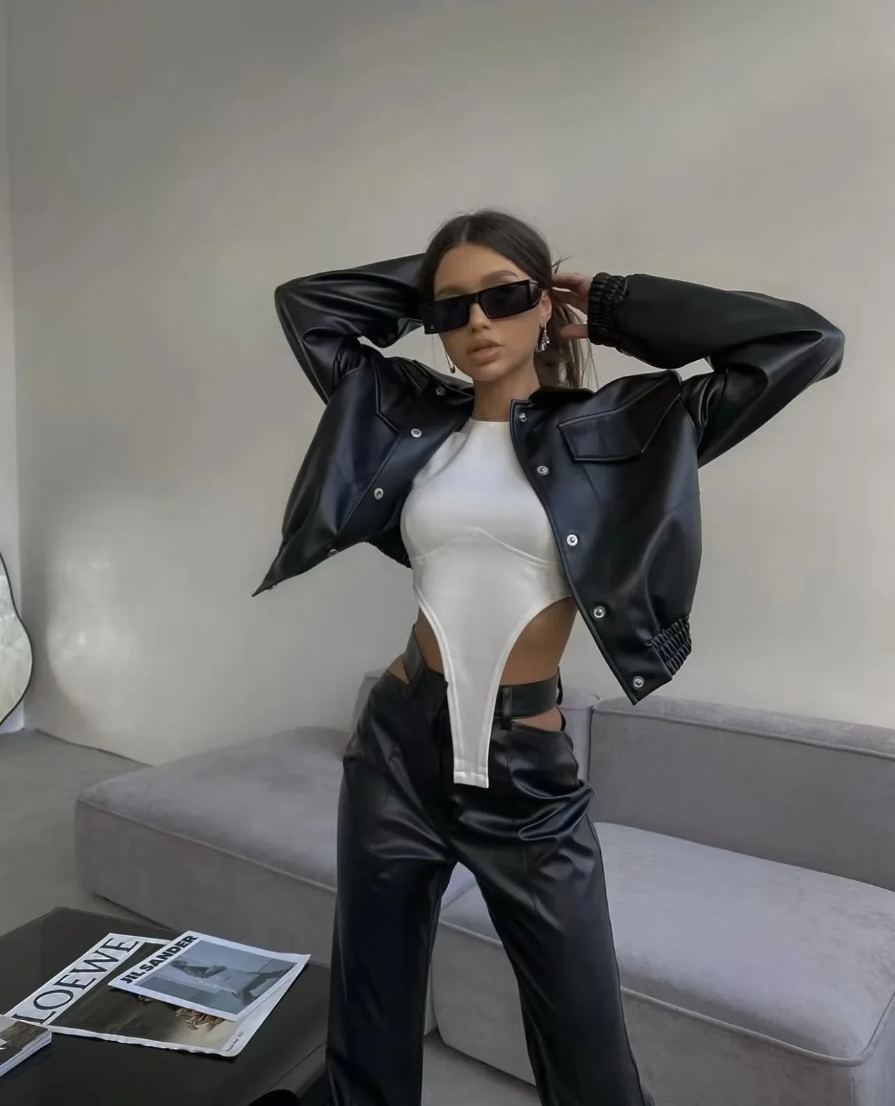 Y2K Women Black Lapel Collar PU Leather Jacket Street Full Sleeve Zipper Up Elastic Hem Coat Bomber Short Outerwear