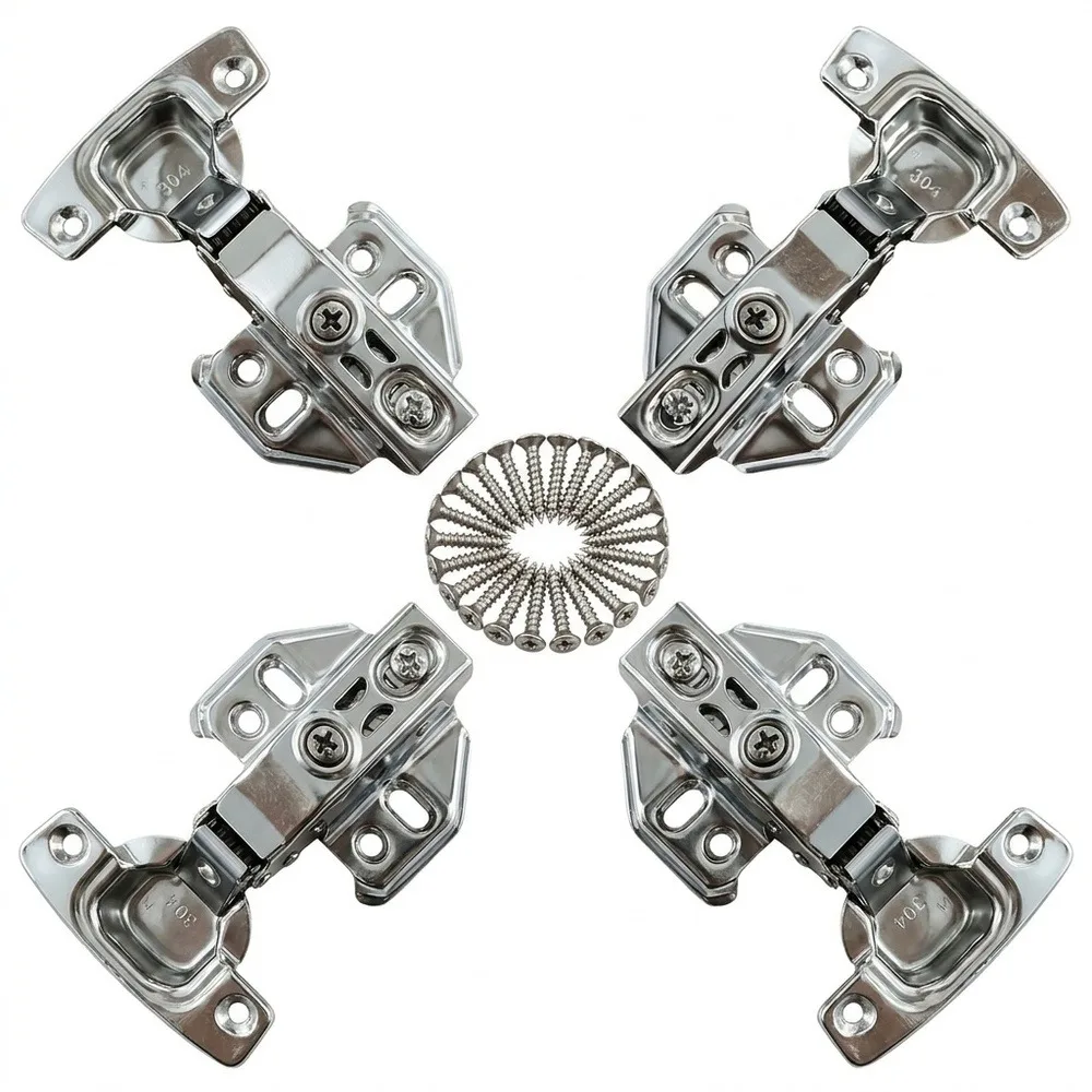 4-Pack Stainless Steel Soft-Close Cabinet Hinges, Straight Arm Full Overlay Hydraulic Damping Hinges, Polished Rust-Resistant Solid Base, Includes Mounting Screws, Silent Buffering and Anti-Collision for Cabinet Doors, Replacement Hardware for Kitchen Cabinets and Furniture