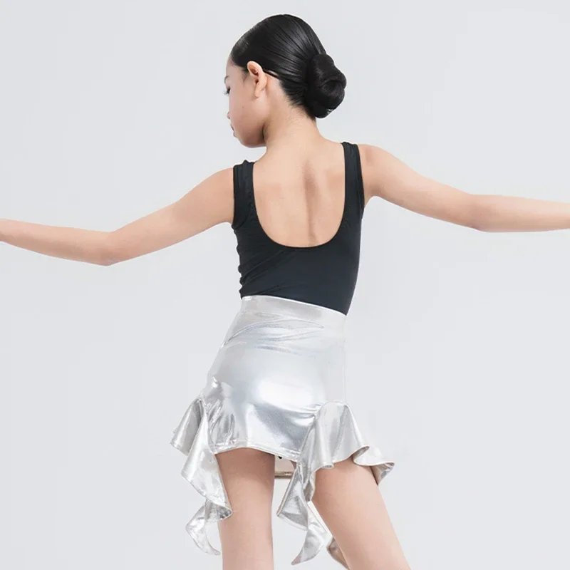 

Kids Girls Latin Dance Clothing Sleeveless Backless Bodysuit and Bright Skin Skirt Children Training Practice Performance Dress