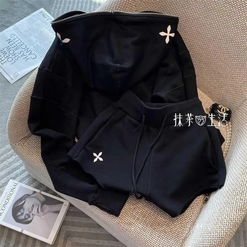 New casual sports hooded sweatshirt set shorts fashio high street all cotton two piece sets womens outifits y2k streetwear