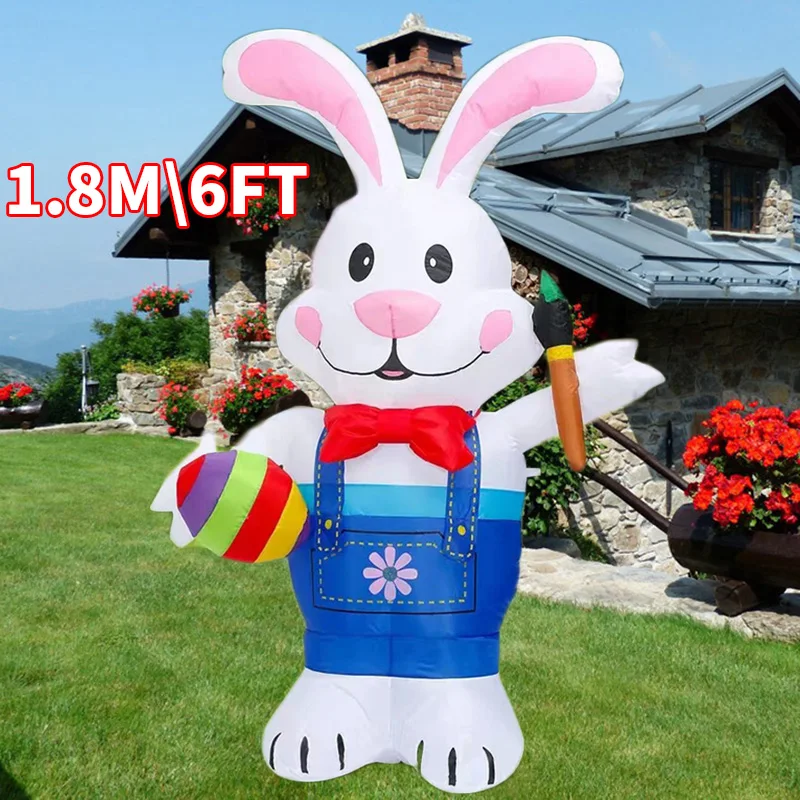 1.8M\6Ft Rabbit Eggs Inflatable Toys Paintbrush Luminous Easter Decoration with LED Bunny Doll Inflatable Model Garden Decor