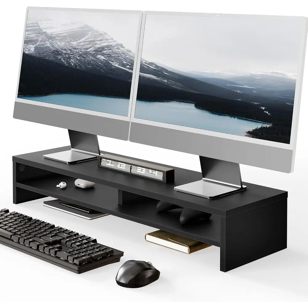 

31.5 Inch Dual-Tier Wooden Monitor Stand with Storage for Desk Organization