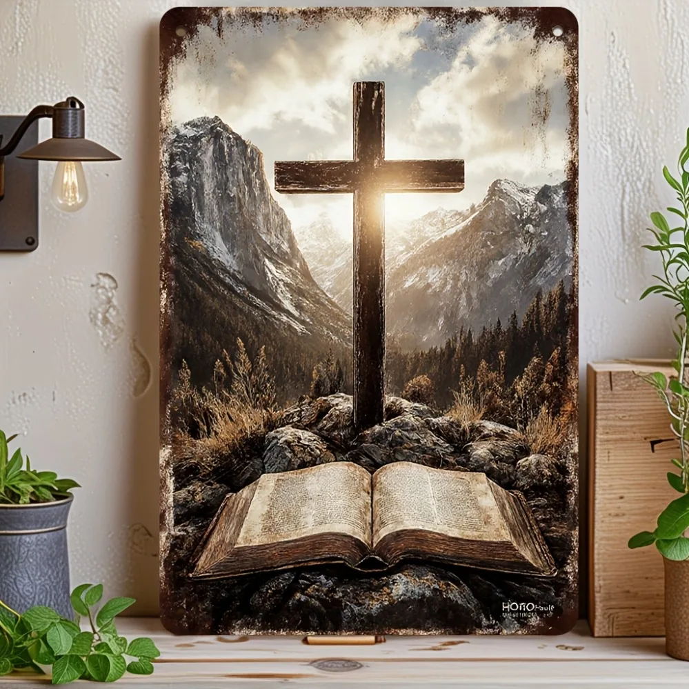 2026 Metal Wall Art 7.9x11.8in 2D Religious Cross with Open Bible, Christian Countryside Scenery Decor for Home Church Office