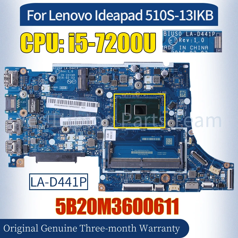 BIUS0 LA-D441P For Lenovo Ideapad 510S-13IKB Mainboard 5B20M3600611 SR2ZU i5-7200U 100％ Tested Notebook Motherboard