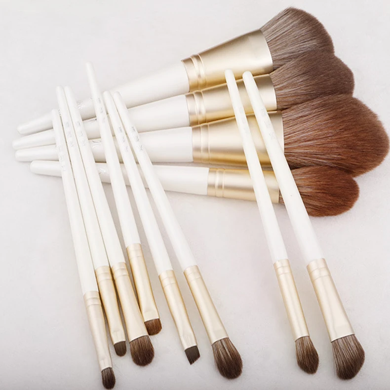 Synthetic Hair Aluminum Tube Solid Wood Handle 12Pcs White Moon Series Makeup Brush Set Factory Spot Sale
