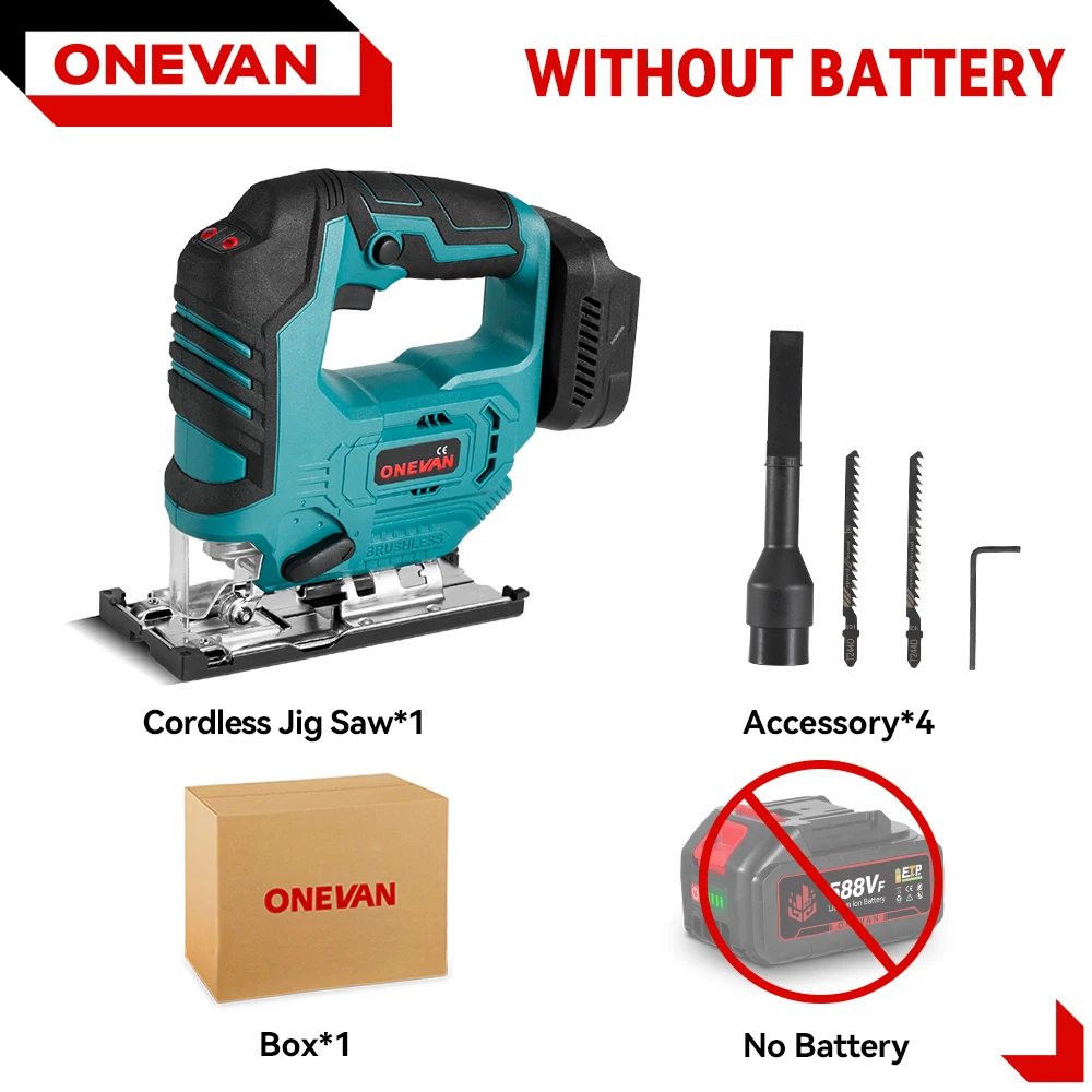 ONEVAN 26mm 3500 RPM Borstelloze Elektrische Decoupeerzaag 1000 W Multifunctionele 3 Variabele Snelheid Houtbewerking Tool Voor Makita 18 V Batterij pin