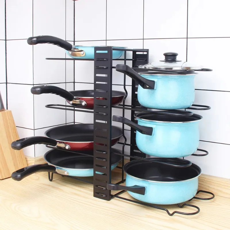 Kitchen Tool Storage Shelf Height Adjustable Pot Lid Holder Multi-layer Pot and Pan Organizer Rack 1 or 2 Sides Black Metal Iron