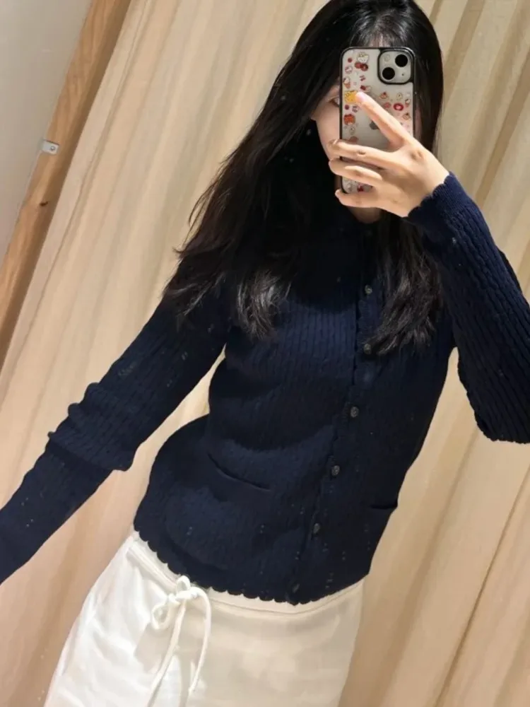 

Sweet Twsit карман темно-синий тонкий короткий кардиган свитер женский с кружевной отделкой воротник Питера Пэна повседневная вязаная верхняя одежда с длинными рукавами