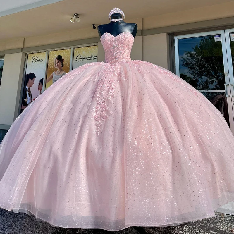 

Pink Quinceanera Dresses Lace Applique Beading Puffy Skirt Teenager Girls Prom Gown Pageant Wear Vestidos De 15 Anos