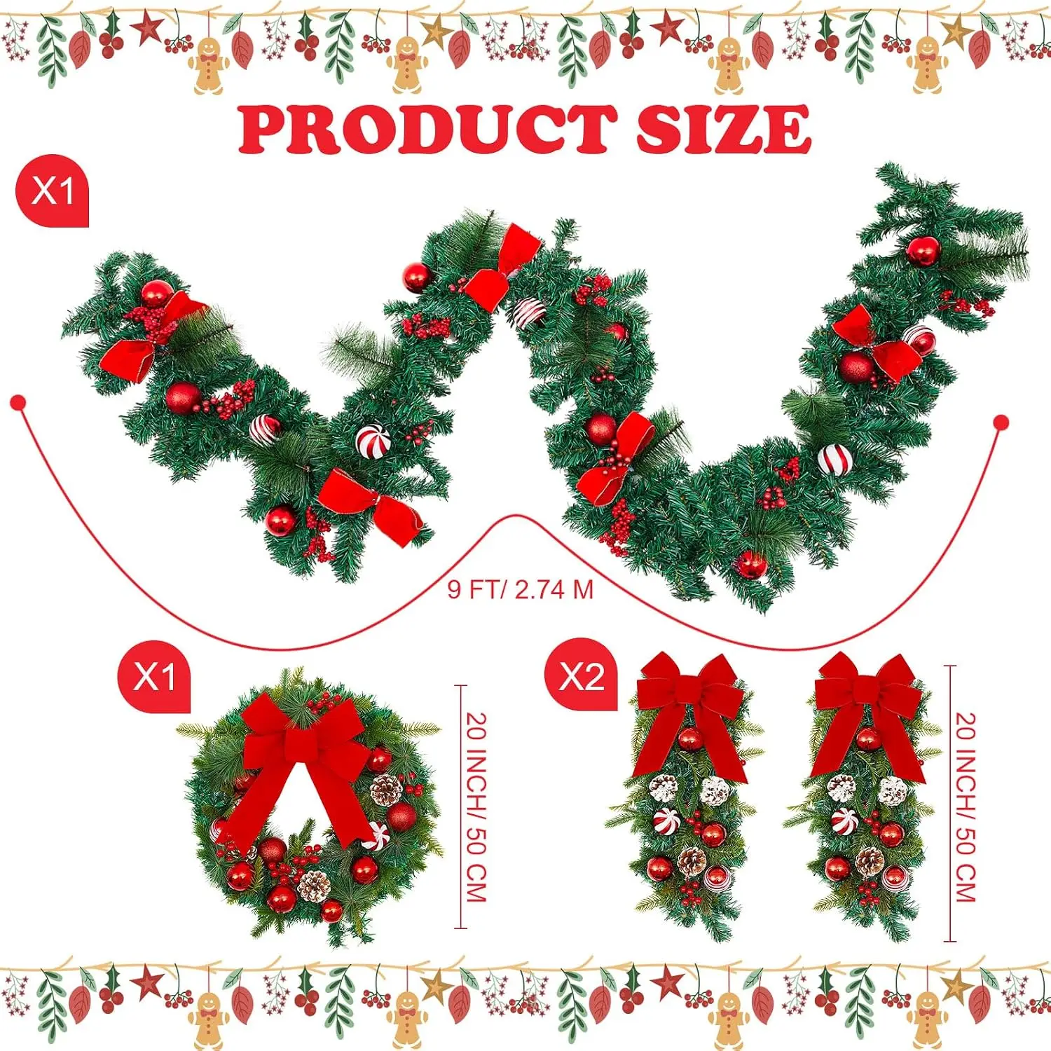 4 Pcs Artificial Christmas Wreath and Garland Set Include 20 Xmas Pine Needles Wreath with Red Bow 2 Christmas Teardrop Swag 9ft