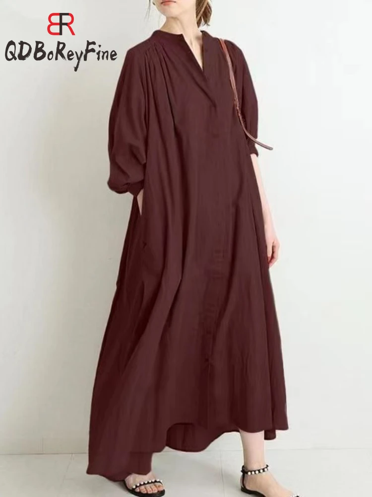 Wiosna Koszule Damskie Sukienka Vintage Długi Rękaw Koreański Solidny Casual Oversized Vestidos De Mujer Boho Maxi Długa Sukienka dla Kobiet