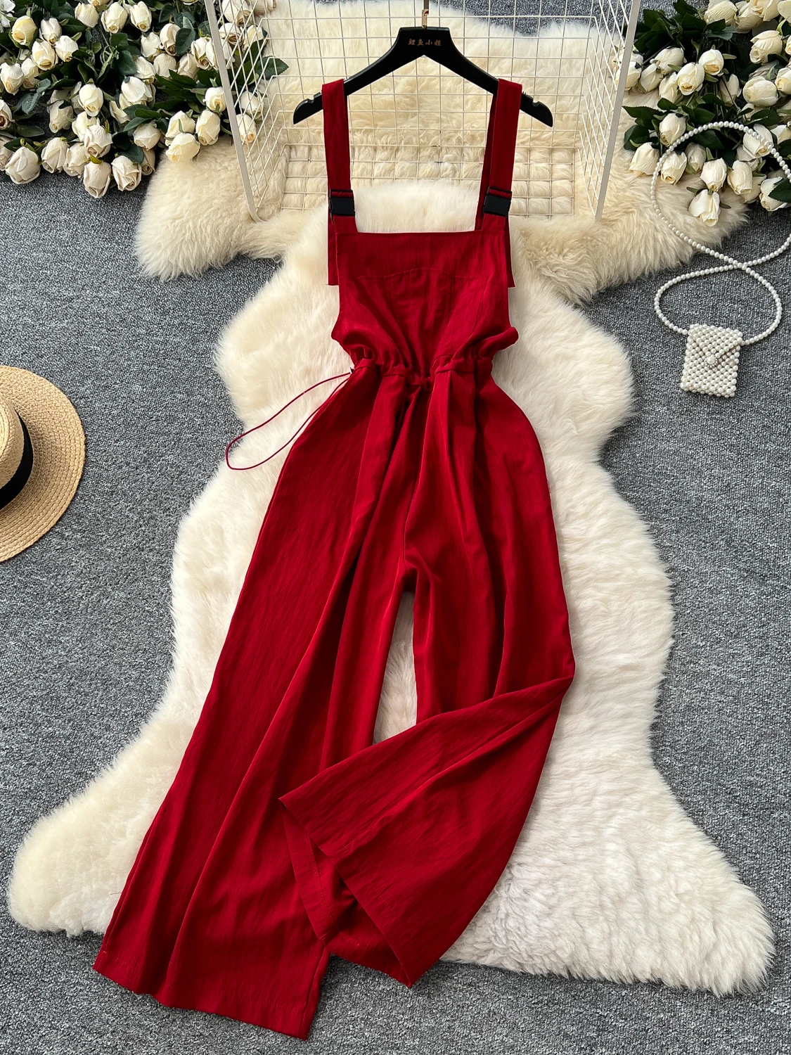 Design Sensation Summer Outfit Women's Romper Loose Strap High Waist Straight Cut Long Pants Drawstring Waist Square Collar