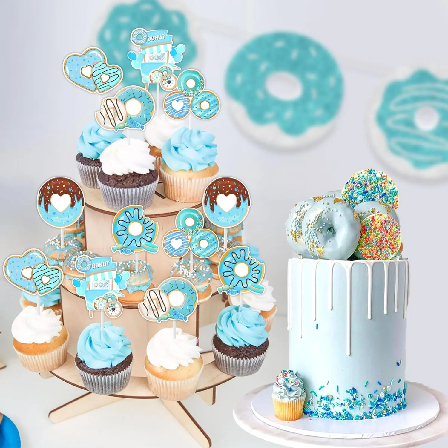 24PCS Donut Cupcake Toppers Baby Shower Birthday Party Decor Doughnut Sprinkle Grow up Sweet One Two Sweet Themed Cake Decor