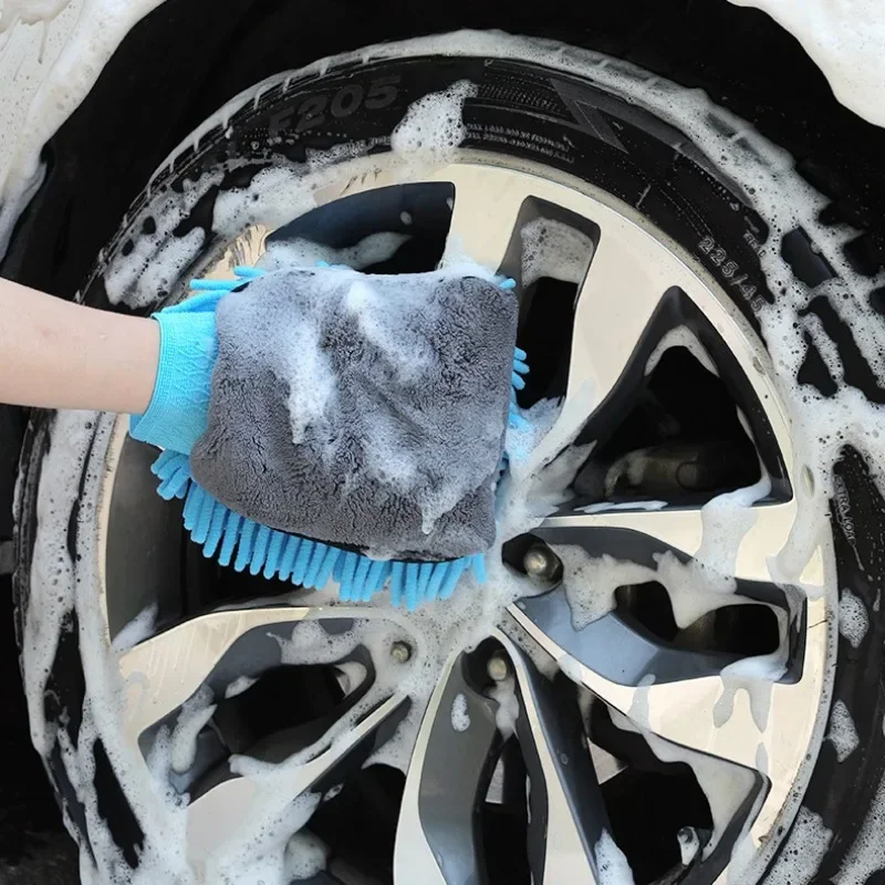 Gants de lavage de voiture en microcarence, mitaine imperméable en chenille, dos en maille souple, mitaine à double face, brosse de détail