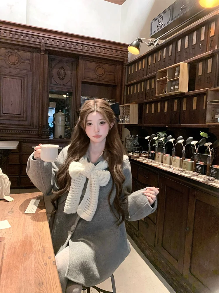 

Handmade Woolen Coat with Bow Tie A-Line Outerwear for Girls Thi Winter Commute Sle Long Sve Pure Color Fem Jaet