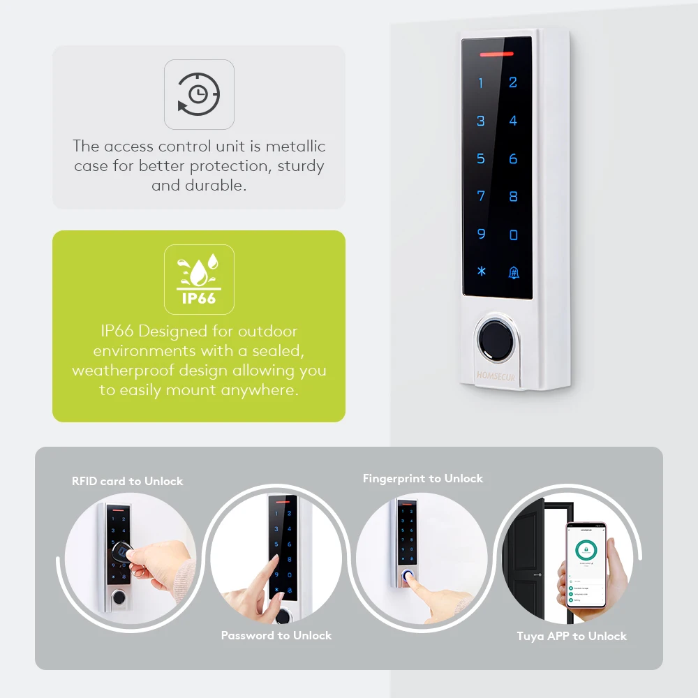 HOMSECUR Waterproof IP66 Tuya APP WIFI Fingerprint RFID Password Access Control 125Khz Wiegand 26~44 Input & Output