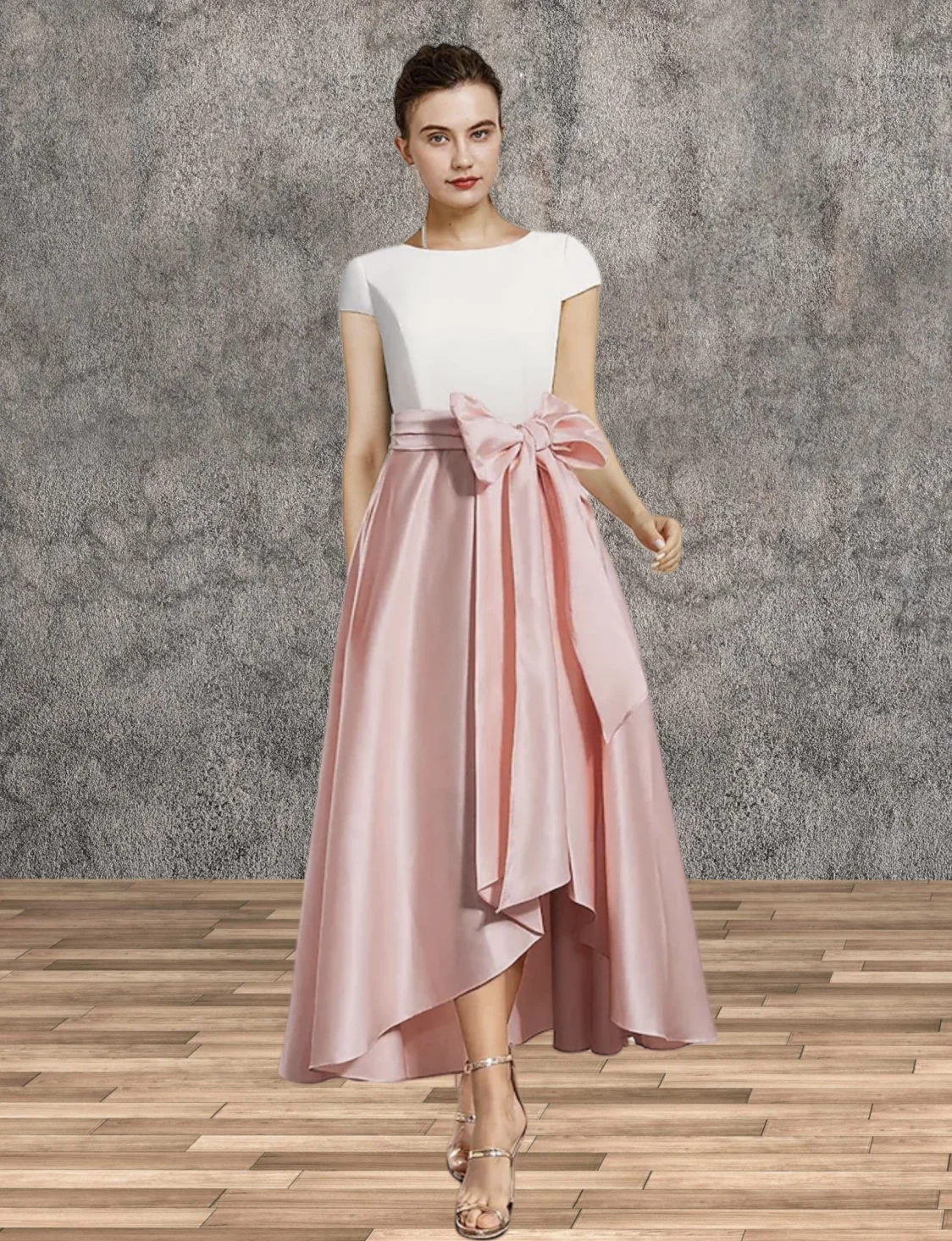 

A-Line Mother of the Bride Dress Wedding Guest Elegant High Low Jewel Neck Tea Length Satin Short Sleeve with Sash / Ribbon 2024