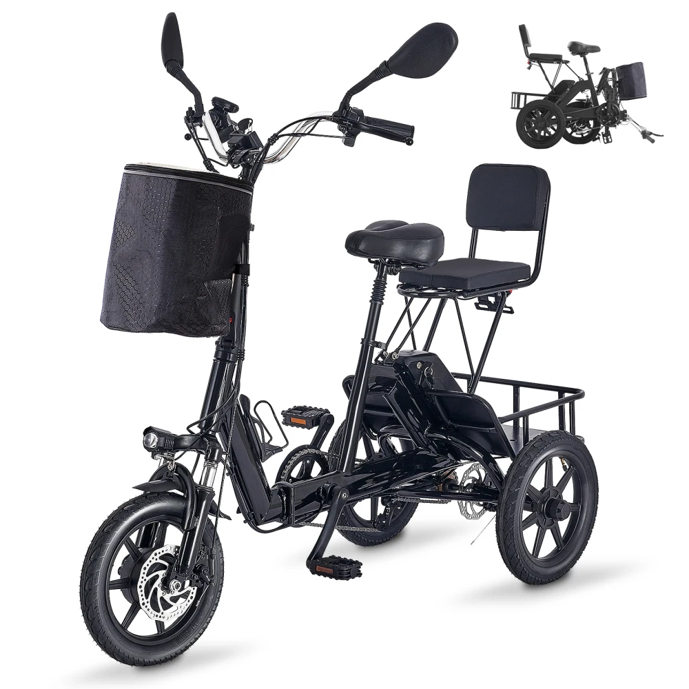 

Adult Folding Electric Trike -350W/500W,480Wh Battery,2-Seat,Large Basket,Black(Seniors/Women)