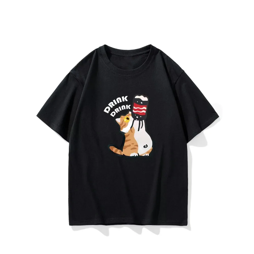 Funny Drink Drink Cat Graphic T-Shirt Women Men Retro Ginger Kitten Coffee Print Tee Harajuku Short Sleeve Casual Streetwear Top