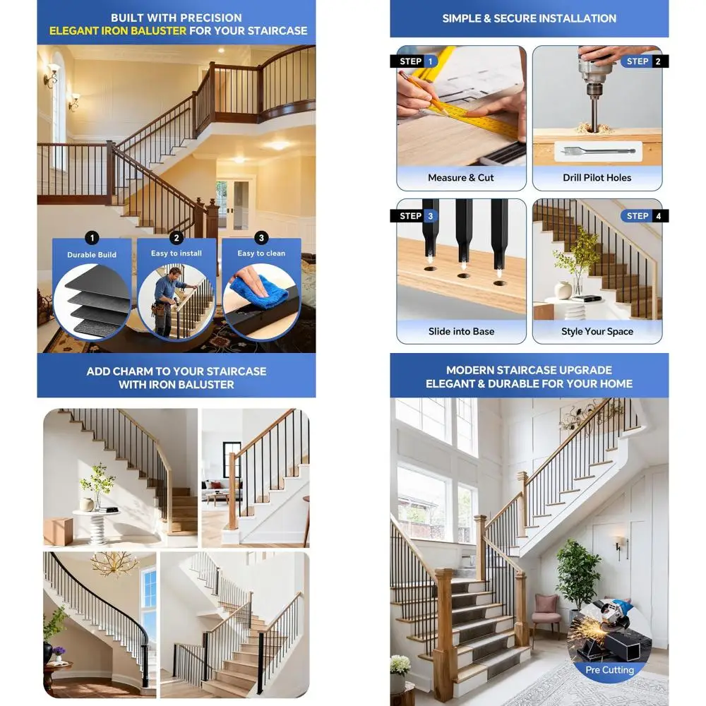 مجموعة مكونة من 32 دبوسًا معدنيًا مجوفًا مربعًا، وطول 44 وطولًا، و1/2 من الحديد المطاوع، ومغزل درابزين للدرج الداخلي باللون الأسود