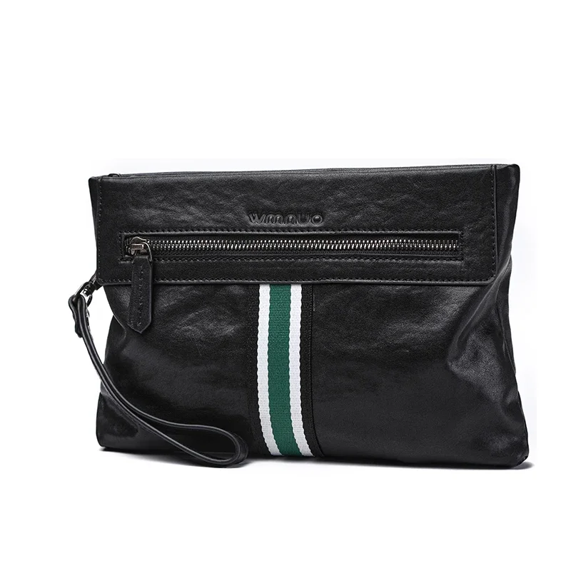 SENOFAN Men's Clutch Bags Cow Real Leather Patchwork Big Soft Hand Bag For Male Korean Wallets Clip Envelope Bag Zipper Black