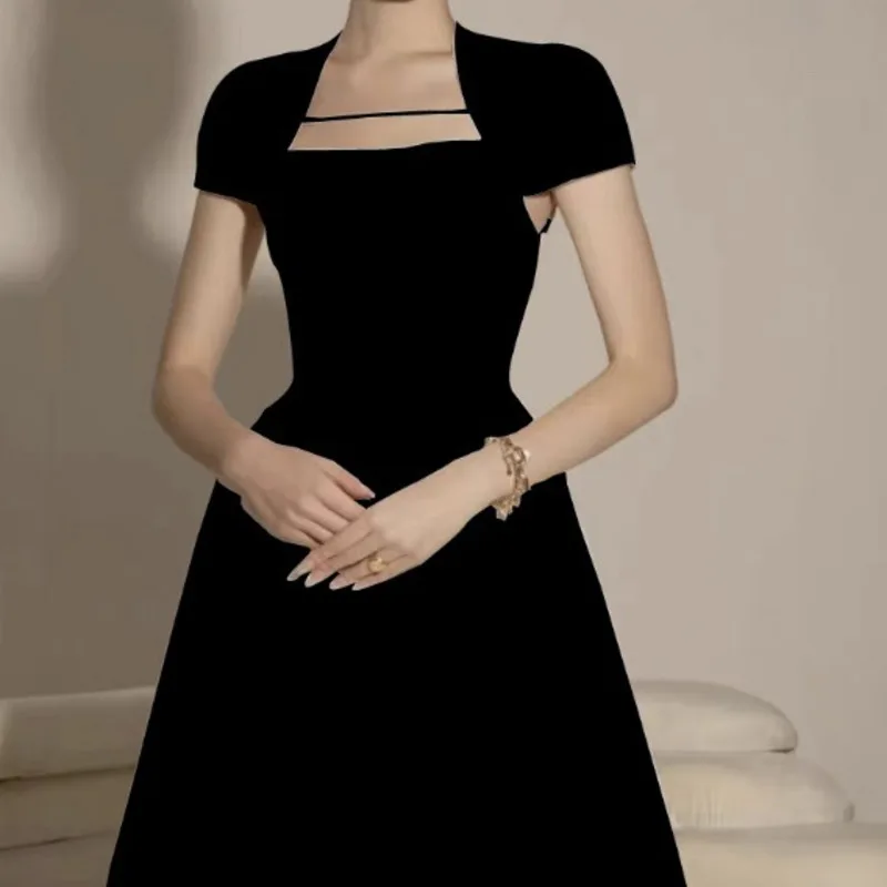 女性のためのエレガントなハイウエストイブニングドレス,スクエアカラー,パッチワークデザイン,新しい秋のファッション,2024