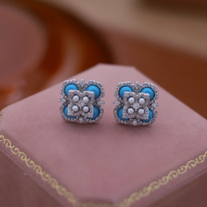 Korean New Fashion Jewelry Silver Electroplating Double Leaf Zircon Blue Stone Earrings Elegant Women Everyday Work Accessories