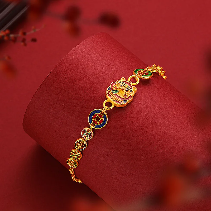 9999 24K Real Gold Enamel Fat God of Wealth Copper Coin Bracelet Ancient Method Burning Blue Ethnic StyleWomen's Bracelets