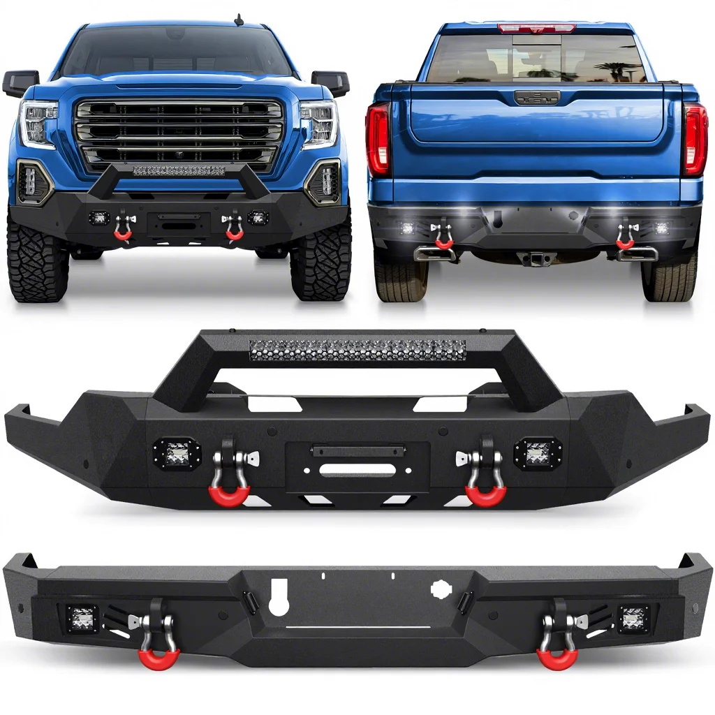 Ulon Front & Rear Bumper Compatible With 2019-2022 Front, 19-24 Rear GMC Sierra 1500 With Winch Plate, LED Light Bar And D-Rings
