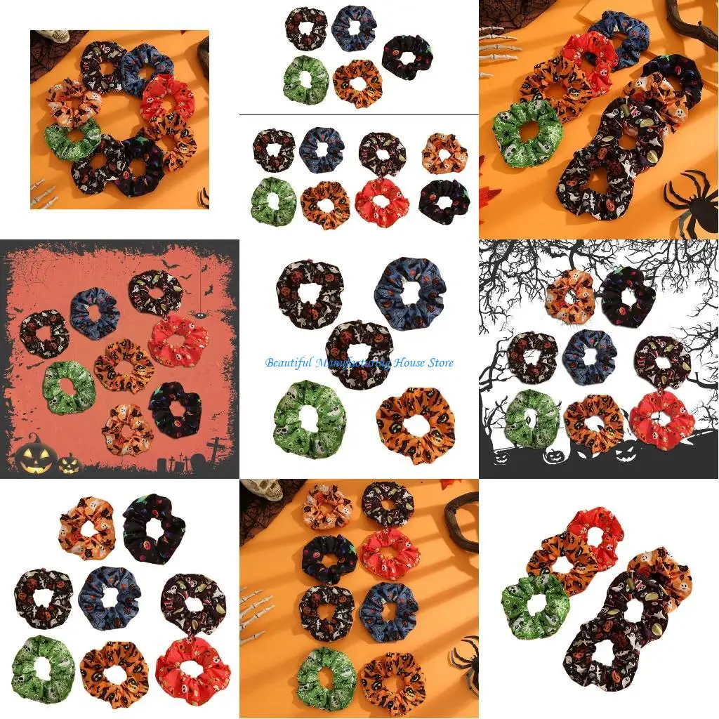 E56A Halloween Print Hairbands for Adult Women Punk Hair Circles Festival Theme Scrunchy Hair Elastic for Causal Formal Event