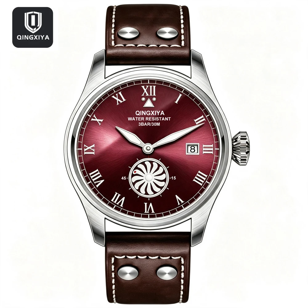 QINGXIYA Marken-Modeuhren für Herren, Turbinen-Sekundenanzeige, Quarzuhr für Männer, Hochwertige Leder-Armbanduhr, Wasserdicht, mit Datumsanzeige
